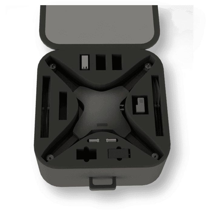 Surveyaan drone packed inside its 50cm hard transport case with foam cutouts