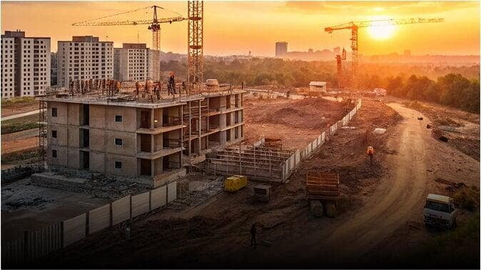 Construction site with tower cranes at sunset — drone construction survey