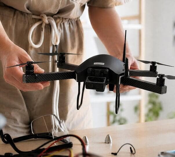 Person assembling a drone for land survey