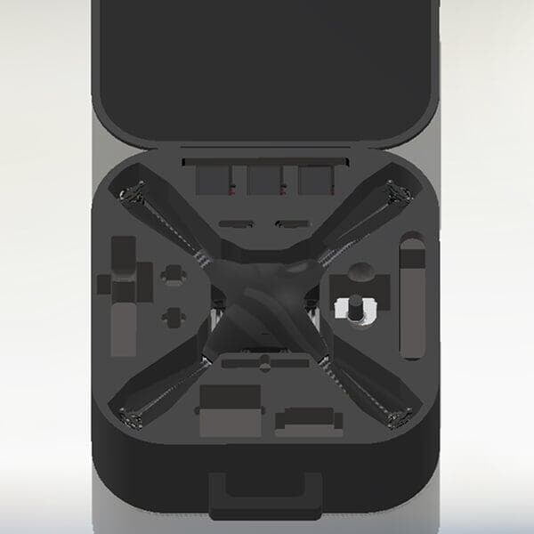 Surveyaan drone packed inside its 50cm hard transport case with foam cutouts