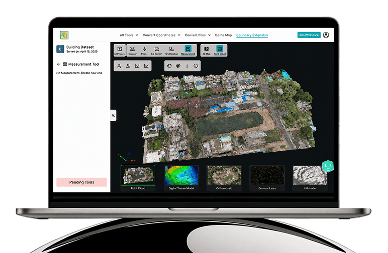 Surveyaan GeoWorkspace measurement tool showing a 3D point cloud of a building survey